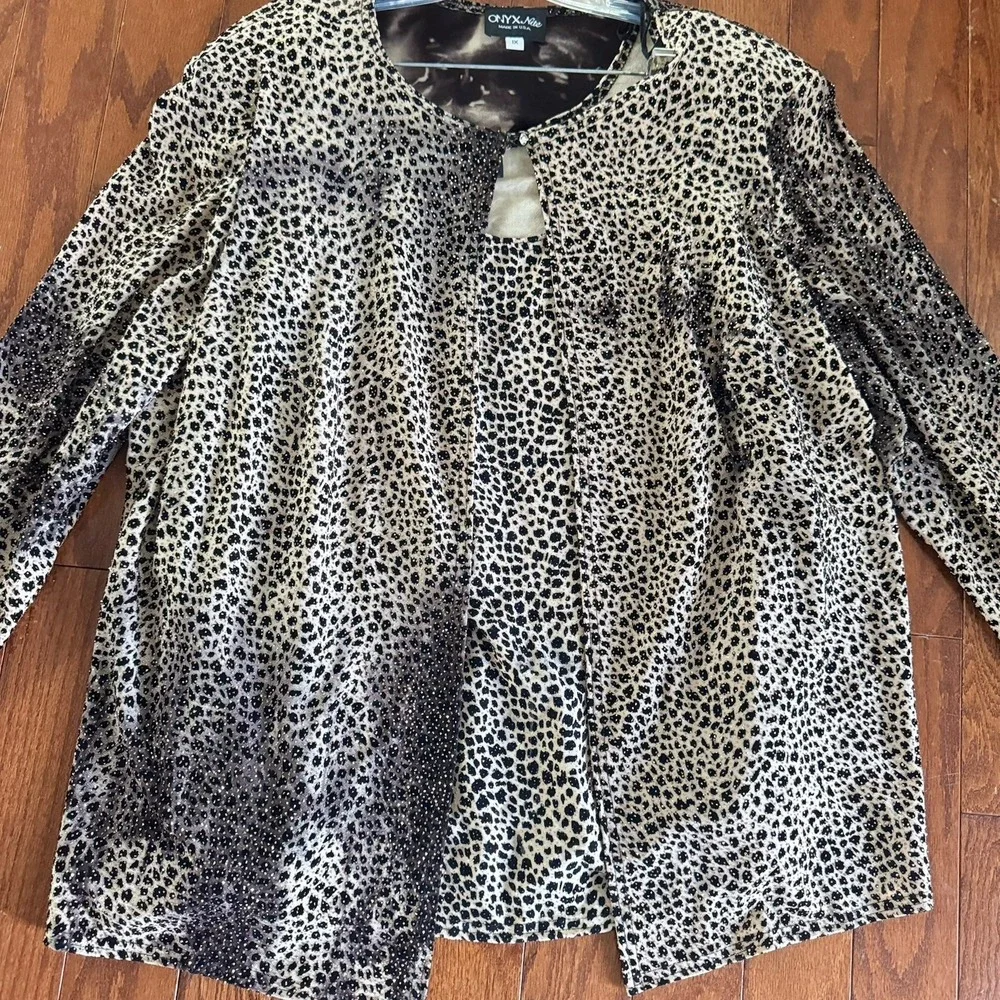 💙Onyx Nite Vtg Cardigan Tank Leopard‎ Womens 1X Brown/Black Glitter Long Sleeve